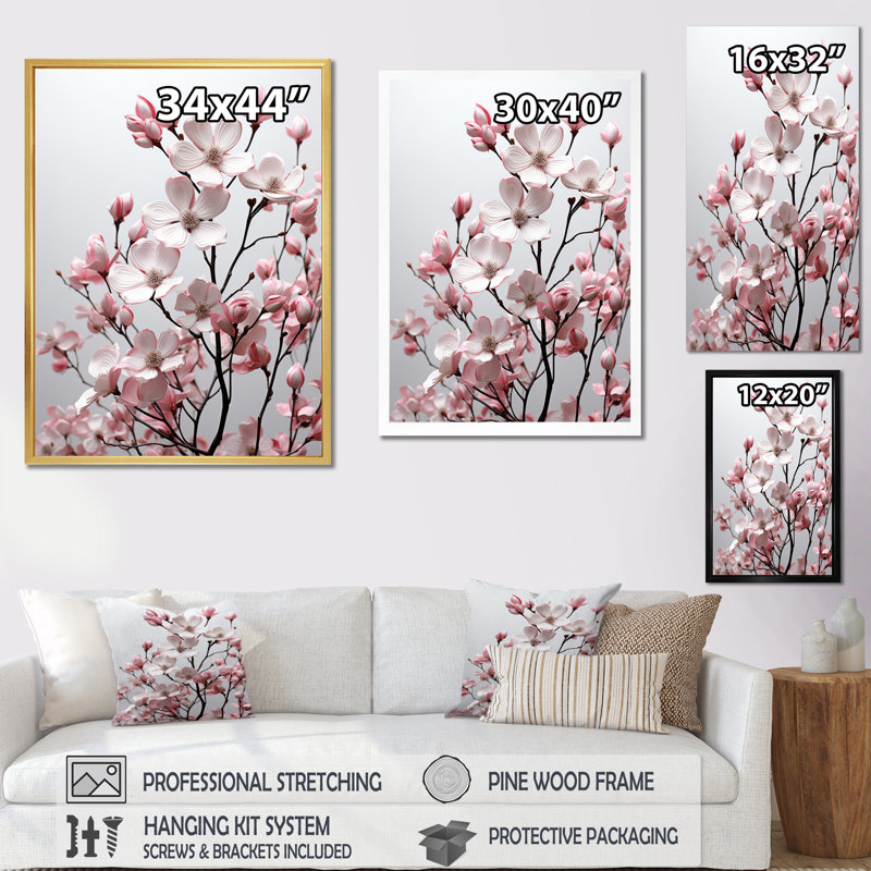 Champ photo rose et blanc cornouiller - décoration murale florale et botanique, H 20 po x l 12 po x P 1 po, Toile tendue
