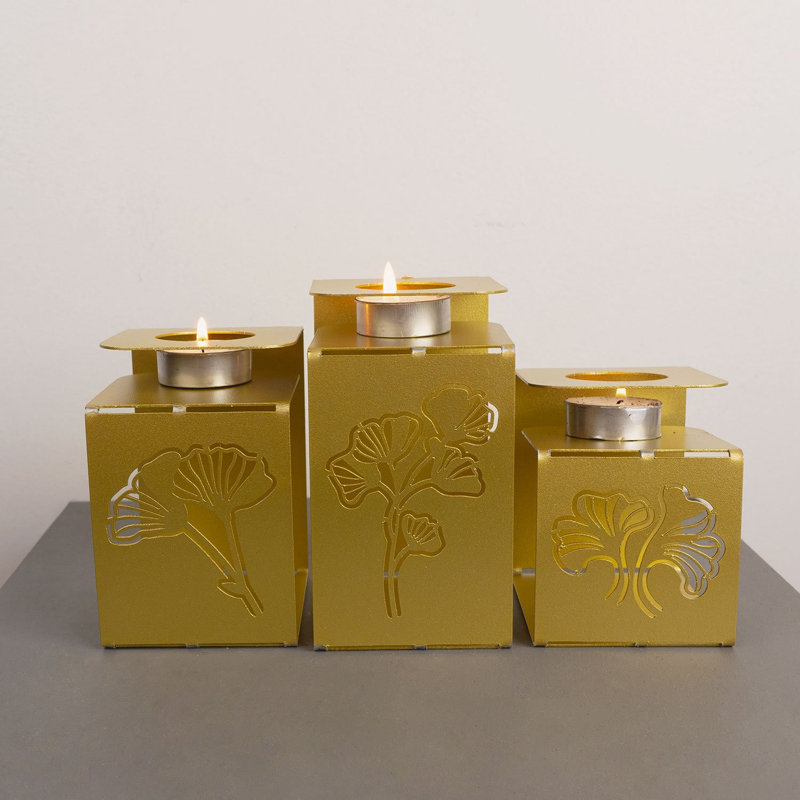 3 Piece Steel Tabletop Candlestick Set, Gold