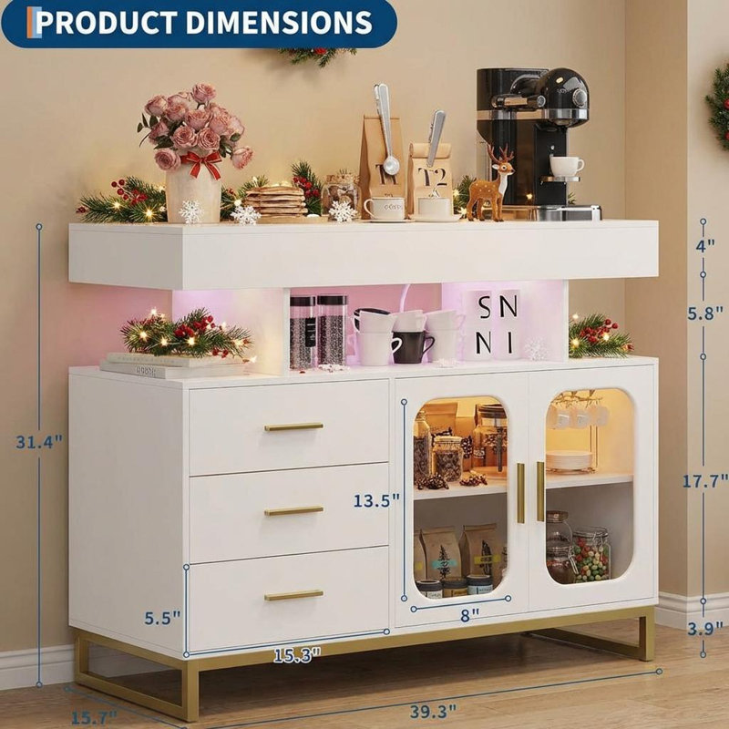 Buffet moderne avec lumières DEL RVB à détection automatique et station de charge intégrée, table basse avec rangement, 3 tiroirs et 2 portes pour la salle à manger, la cuisine et le salon
