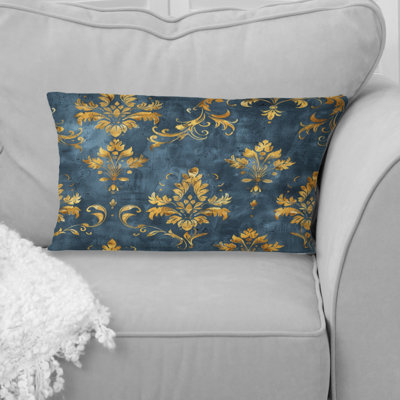 Blue Gold Timeless Damask Art II - Transitional Lumbar Pillow