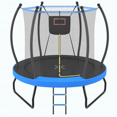 8FT Trampoline With Basketball Hoop, Enclosure Net And Ladder, Outdoor Trampoline For Kids, Recreational Backyard Trampoline