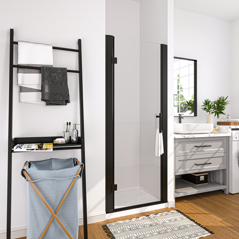 30'' W x 72'' H Frameless Hinged Shower Door with Clear Glass in Matte Black Finish