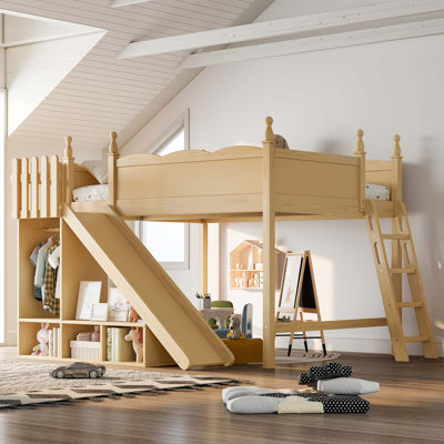 Grand lit mezzanine avec tablettes de rangement et glissière amovible