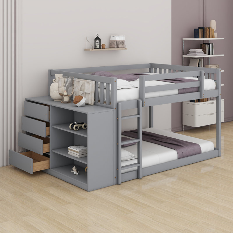 Lit superposé avec tiroirs et tablettes, Lit superposé double sur double, gris