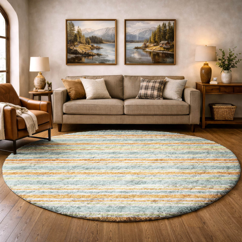 Premium Machine Washable Dream Shag ADS531 Striped Rug, Orange, 8' Round