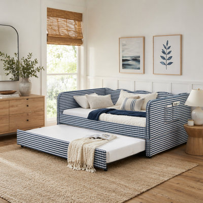 3‑in‑1 Versatile Convertible Gingham Upholstered Daybed with Pull-Out Trundle Bed and Side Storage Pocket