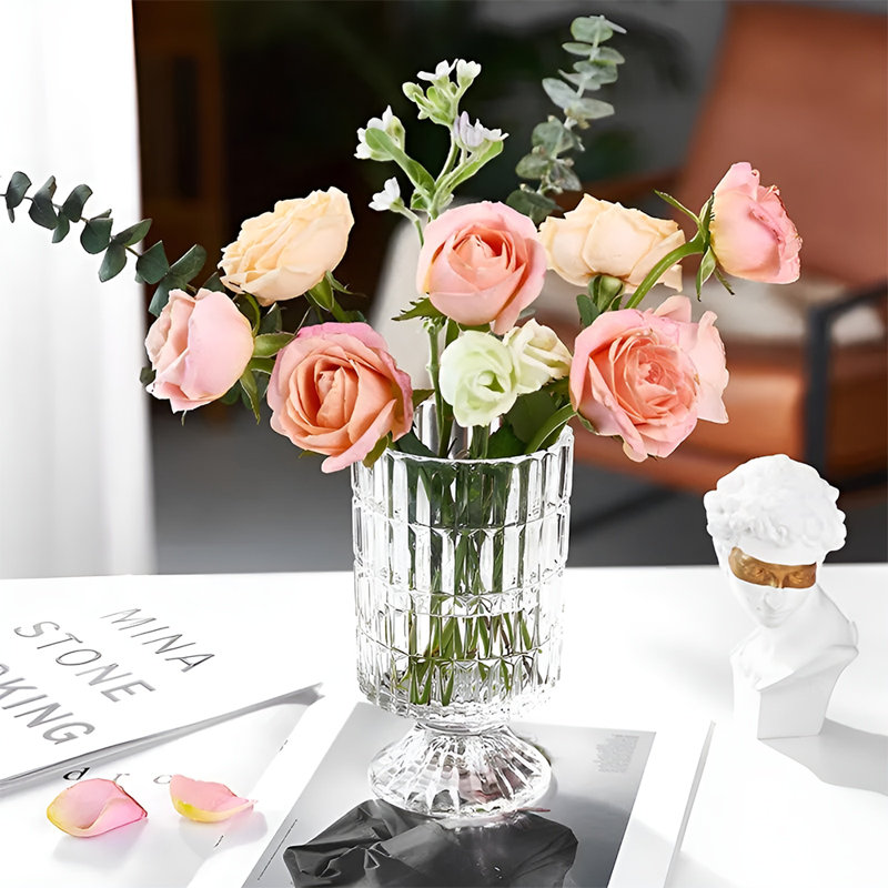 Vase piédestal en cristal nervuré, vase décoratif en verre pour fleurs et centres de table
