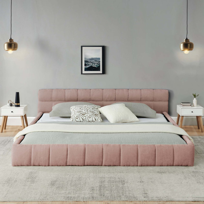 Structure de lit rembourrée avec tissu épais en chenille et lit plateforme avec tête de lit et structure solide, Rose