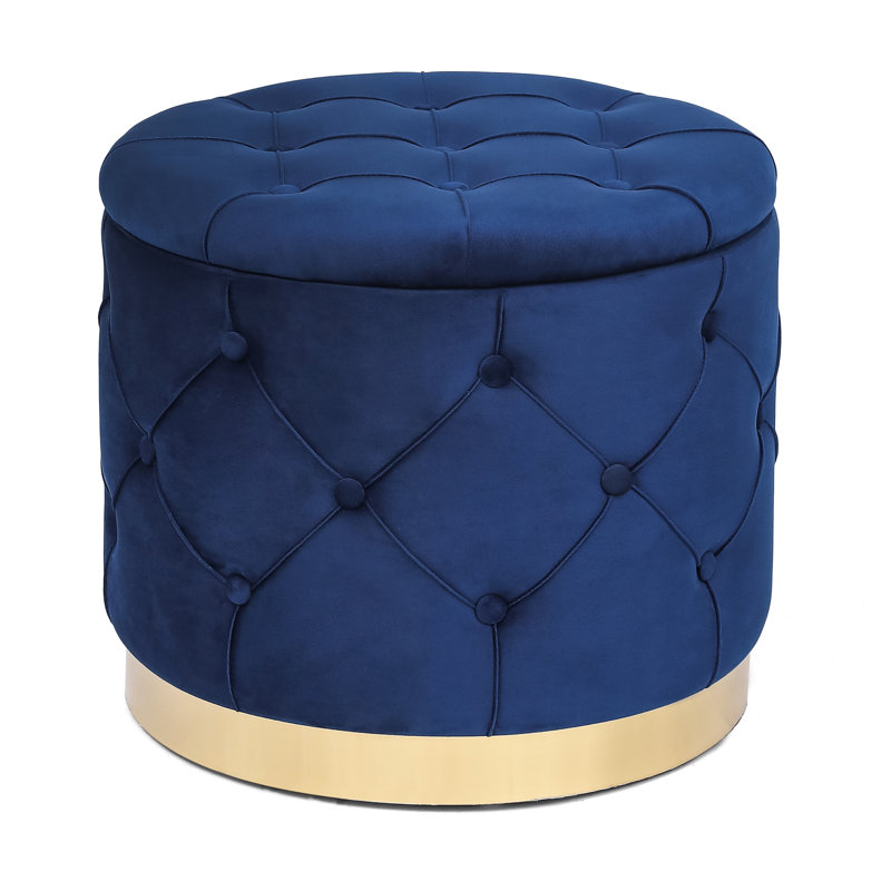 18.9" Wide Tufted Round Storage Ottoman, Navy Blue Velvet
