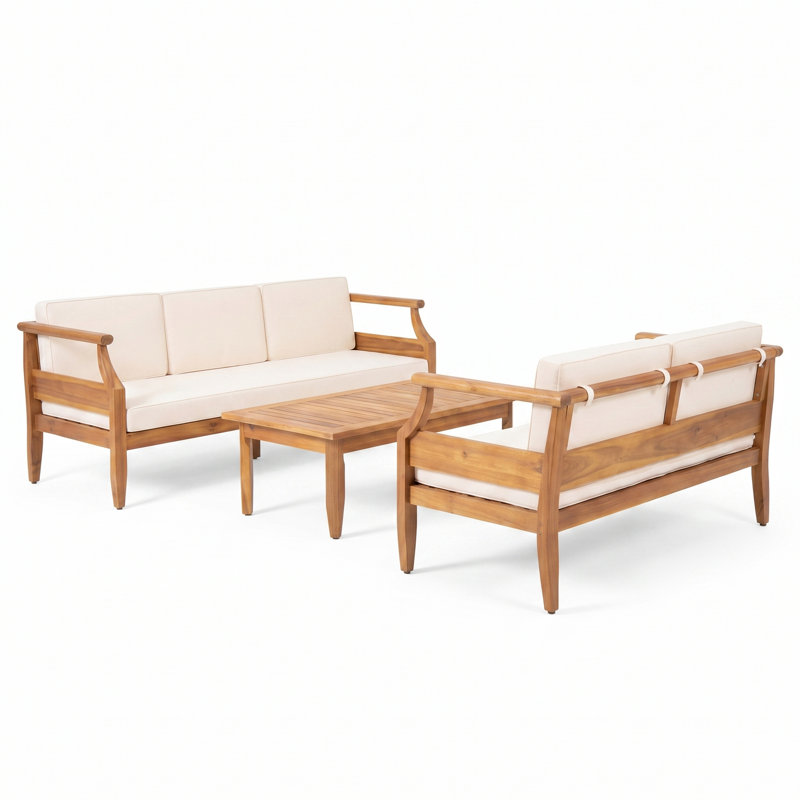 Mcclurg Teak Sofa Seating Group with Cushions, Cream, 3 Pcs: Table, Loveseat, Sofa