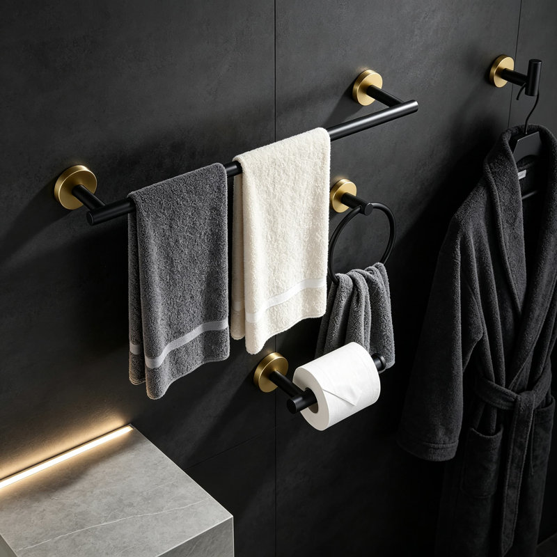 Ensemble de 4 accessoires de salle de bain noirs et dorés : porte-serviettes, anneau porte-serviettes, crochet et porte-papier hygiénique en acier inoxydable. Fixation murale antirouille. Parfait pour la salle de bain, la cuisine et la buanderie.