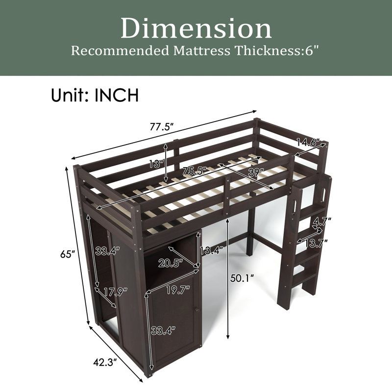 Lit mezzanine simple pour enfants Janitra, Espresso