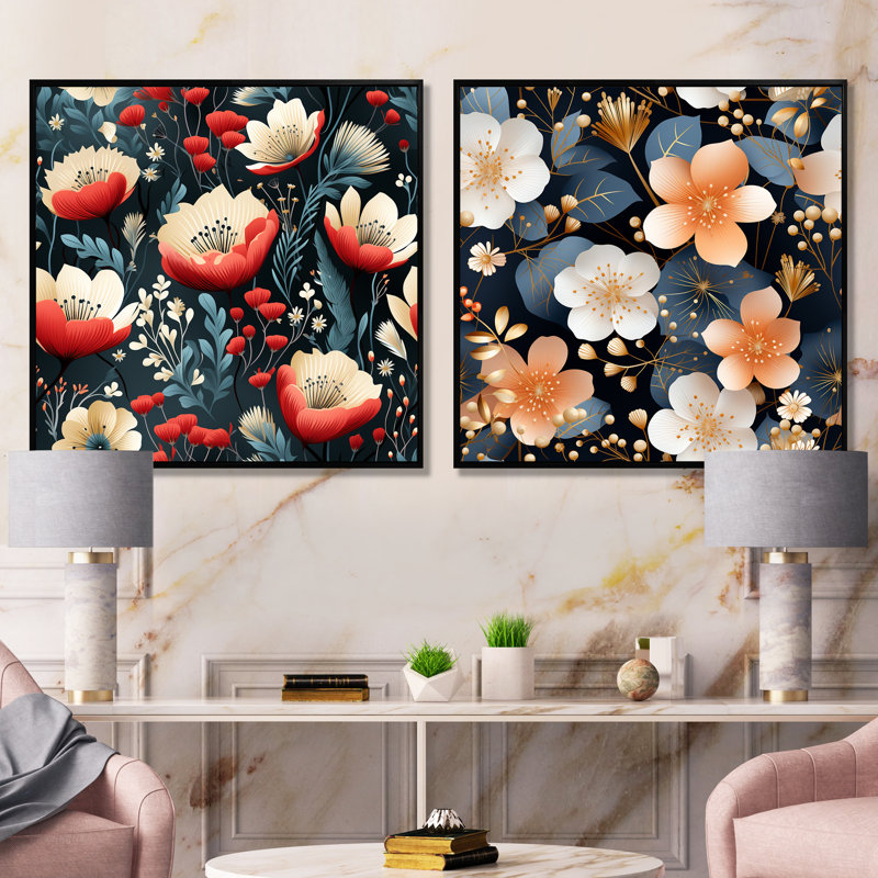 Elona - Ensemble de 2 décorations murales florales, Cadre flottant noir, H 30 po x l 61 po x P 1 po