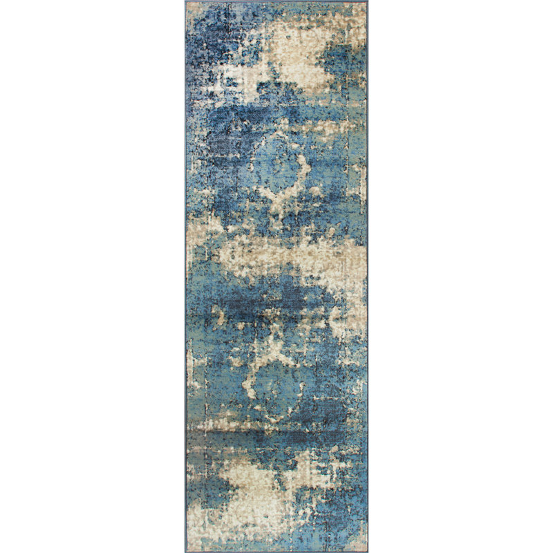 Tapis performance bleu à motif abstrait rétro tissé à la machine Kazu, Tapis de couloir 2 pi 8 po x 12 pi