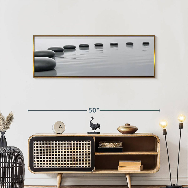 Minimalist Stones, 46" X 16", Floating Frame Gold