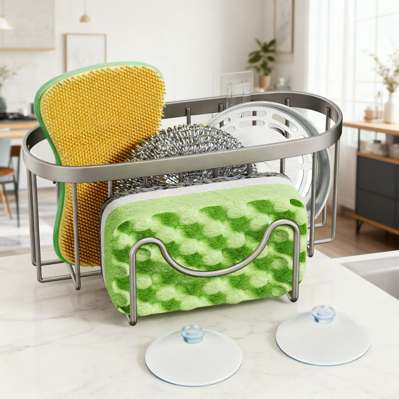 Porte-éponge de cuisine en acier inoxydable avec design en forme de M, 2 méthodes d'installation, drainage rapide, support d'évier peu encombrant pour éponge, brosse, grattoir et bouchon d'évier
