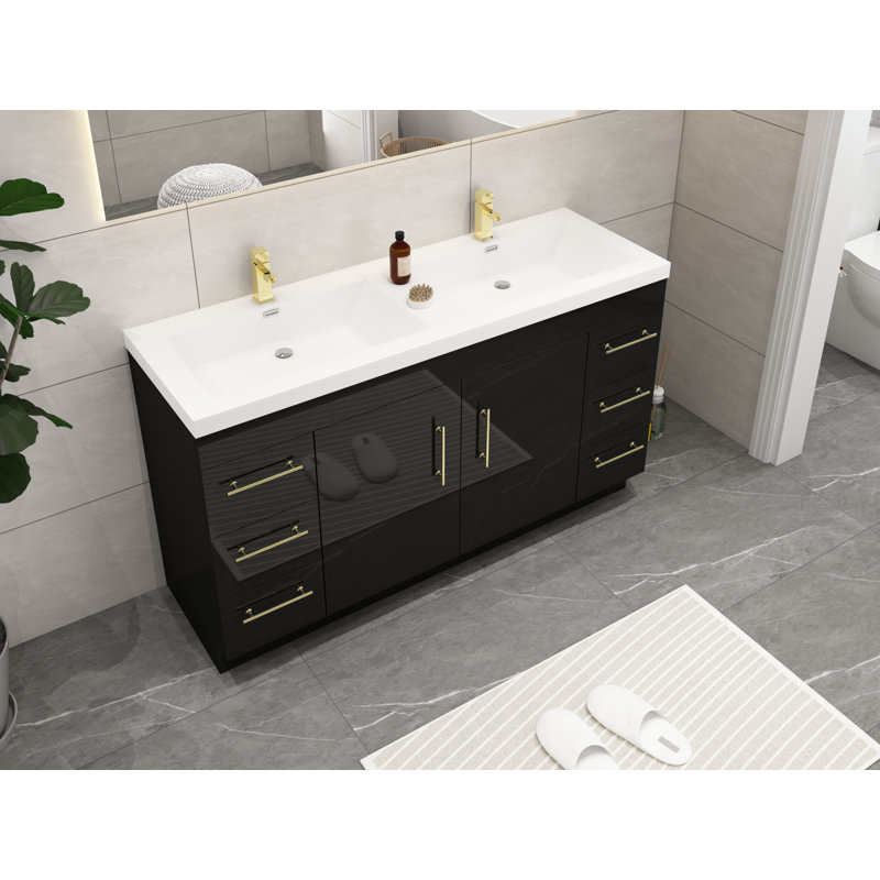 Carliss 60'' Double Bathroom Vanity with Acrylic Top, Black, Gold