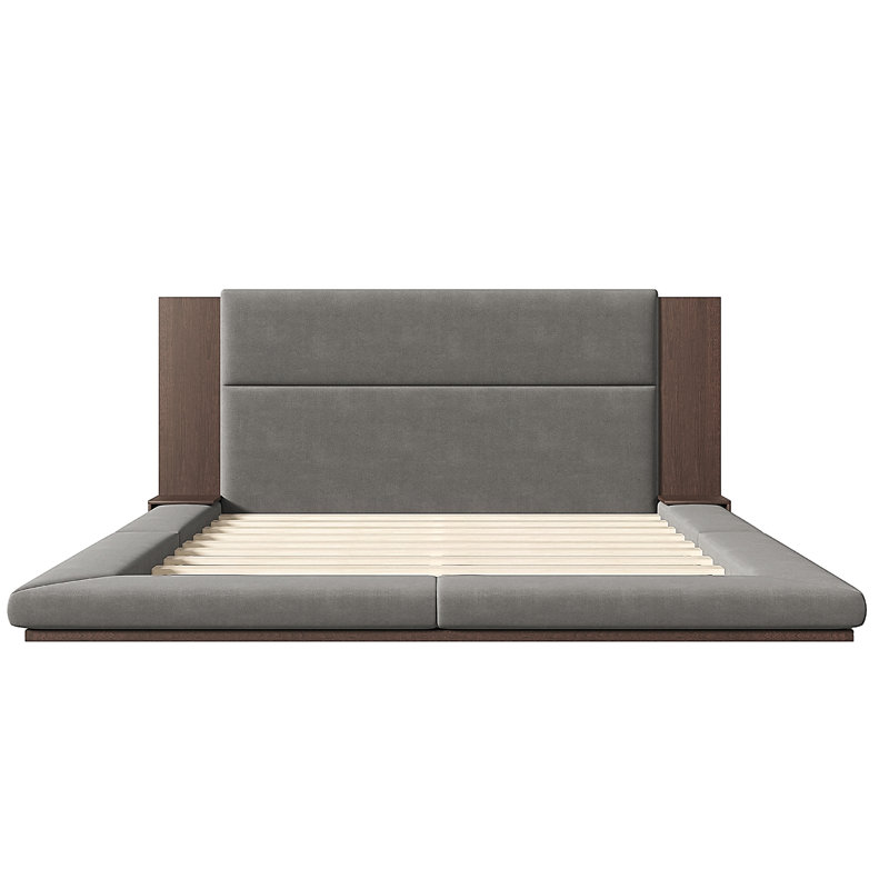 Lit plateforme tapissier de plancher avec tête de lit en bois allongée et tablette de chevet, aucun sommier nécessaire