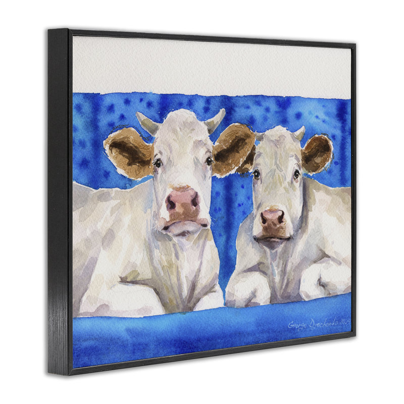 Deux vaches blanches sur giclée encadrée bleue, design par George Dyachenko, H 11 po x l 14 po, Giclée encadrée noir minuit