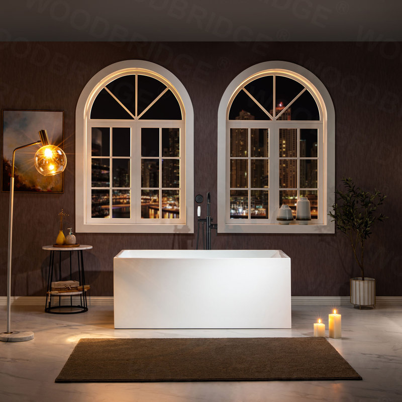 59" x 29" Freestanding Soaking Acrylic Rectangular Bathtub with Reversible Drain, White/Oil Rubbed Bronze