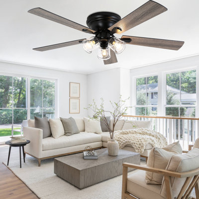 52'' Farmhouse Flush Mount Ceiling Fan With Lights And Remote Control, Vintage Reversible DC Motor Ceiling Fan For Living Room
