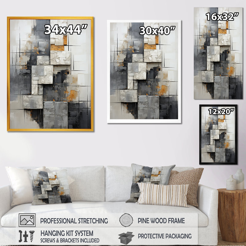 «Gray Abstract Cityscape 4 - Abstract Collages», art mural, Cadre flottant doré, H 60 po x l 28 po x P 1,5 po