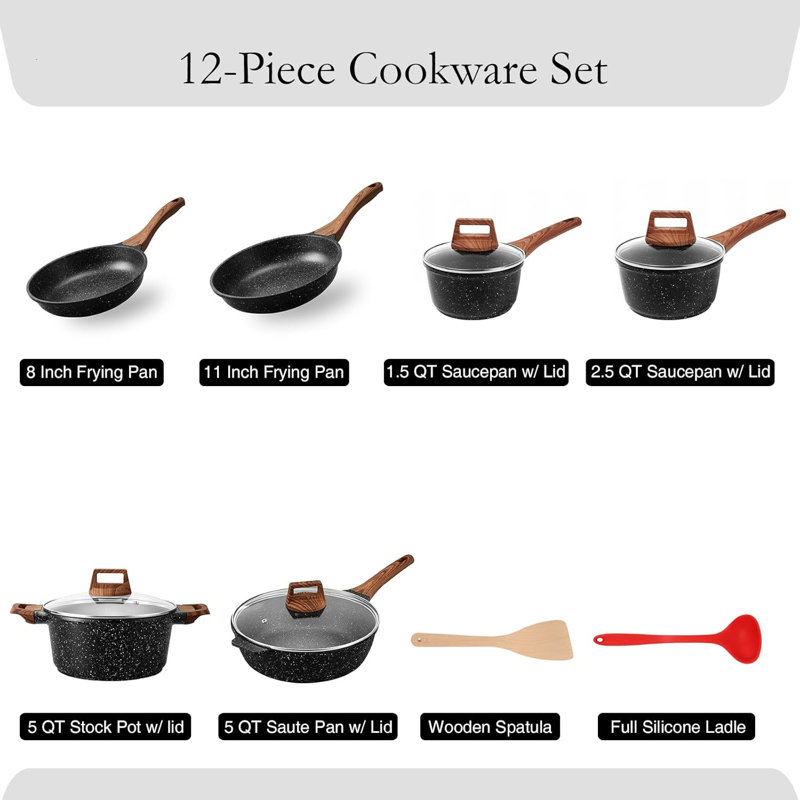 Ensemble de 12 ustensiles de cuisine antiadhésifs avec revêtement en granit, compatible avec toutes les surfaces de cuisson