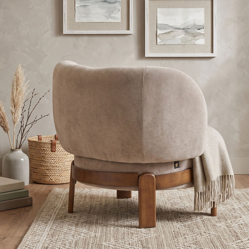 Fauteuil d'appoint à oreilles rembourré avec assise coussinée et pieds en bois massif, Light Brown