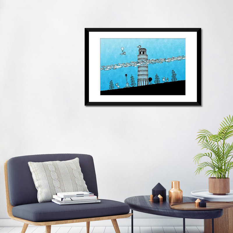 Leonia, tour penchée de Pise, impression sur toile tendue, H 16 po x l 24 po x P 1 po, Papier d'art encadré noir, Blanc