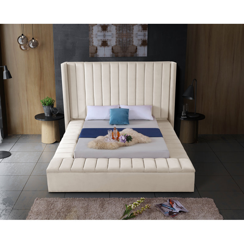 Rick Upholstered Wingback Bed, Full, Cream Velvet