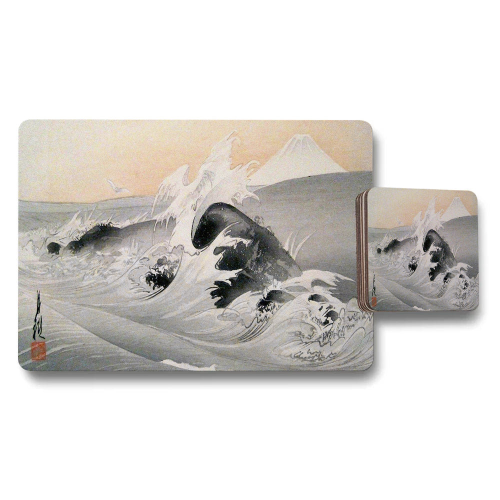 Great Wave Placemats And Coasters Set With Mt Fuji Design