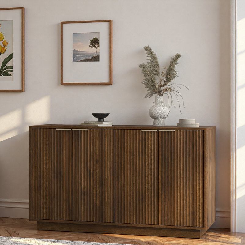Modern Fluted Sideboard With Adjustable Shelves And Metal Handles, Walnut