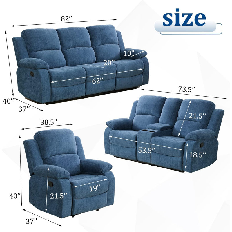 Ensemble de salon inclinable manuel en tissu 3 pièces Nana, Tissu bleu