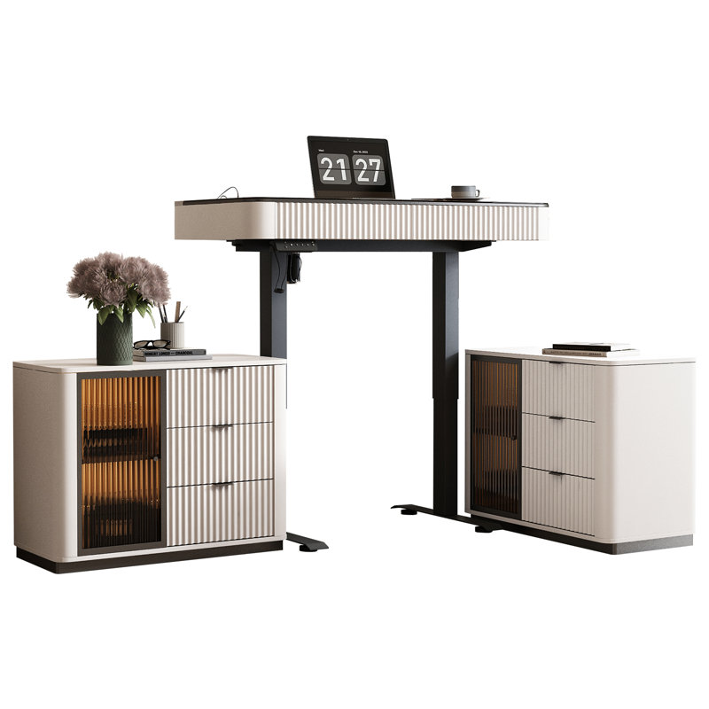 Height Adjustable Rectangle Standing Desk with Cabinet, Teal/Beige/Black , 29.5"" H x 47"" W x 23"" D