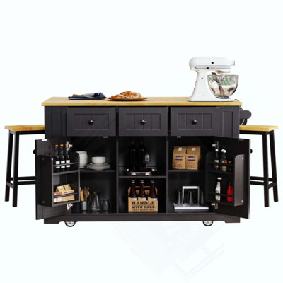 Kitchen Island With 2 Bar Stools, Power Outlet,Door Internal Storage Rack, Kitchen Storage Cart On 5 Wheels With Drop Leaf, 5 Open Side Racks, 3 Drawers, For Kitchen,Dining Room