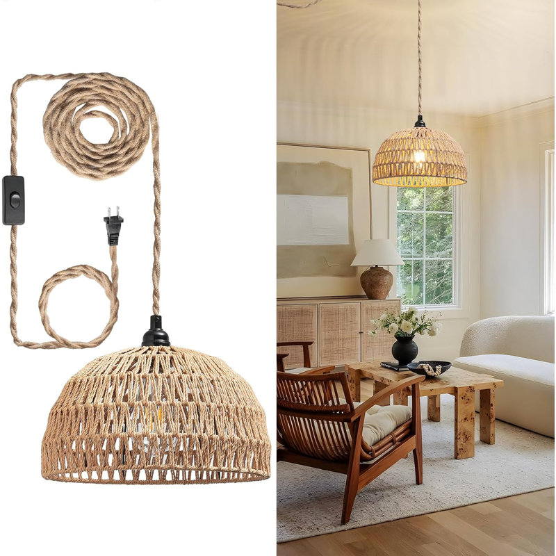 Handmade Rattan Pendant Light With Plug-In Cord, 360° Boho Hanging Lamp For Living Room, Bedroom, Kitchen, E26 Base, On/Off Switch, Bulb Not Included