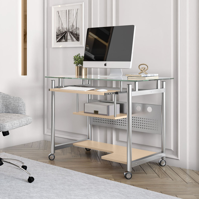Frosted Glass and Silver Steel Rolling Computer Desk with Keyboard Tray