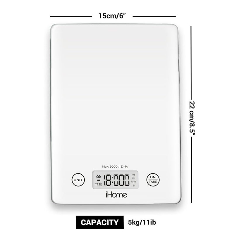 Balance de cuisine en verre iHome - balance numérique pour aliments, 11 lb / 5 kg