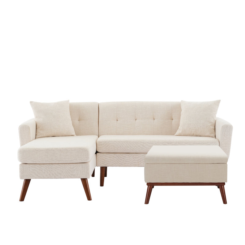  80'' Wide Sofa-And-Chaise Sectional Set With Ottoman Tufted Upholstered Living Room Set, Beige Linen