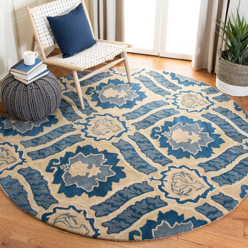 Amory Hand Tufted Wool/Cotton Floral Rug in Blue/Ivory, Round 7'