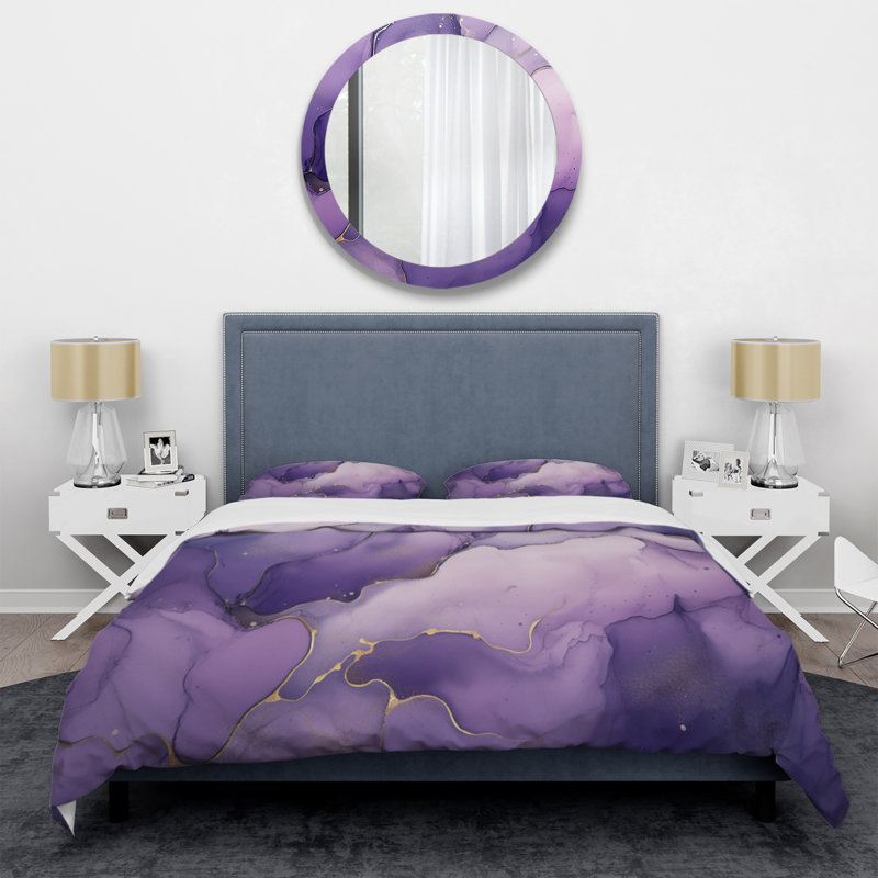 Ensemble de housse de couette en microfibre / polyester mauve et doré, Housse de couette pour grand lit et 2 taies décor