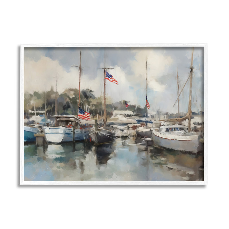 Bateaux avec drapeaux américains par Ziwei Li, Estampe numérique encadrée blanc bord de mer, H 24 po x l 30 po x P 1,5 po