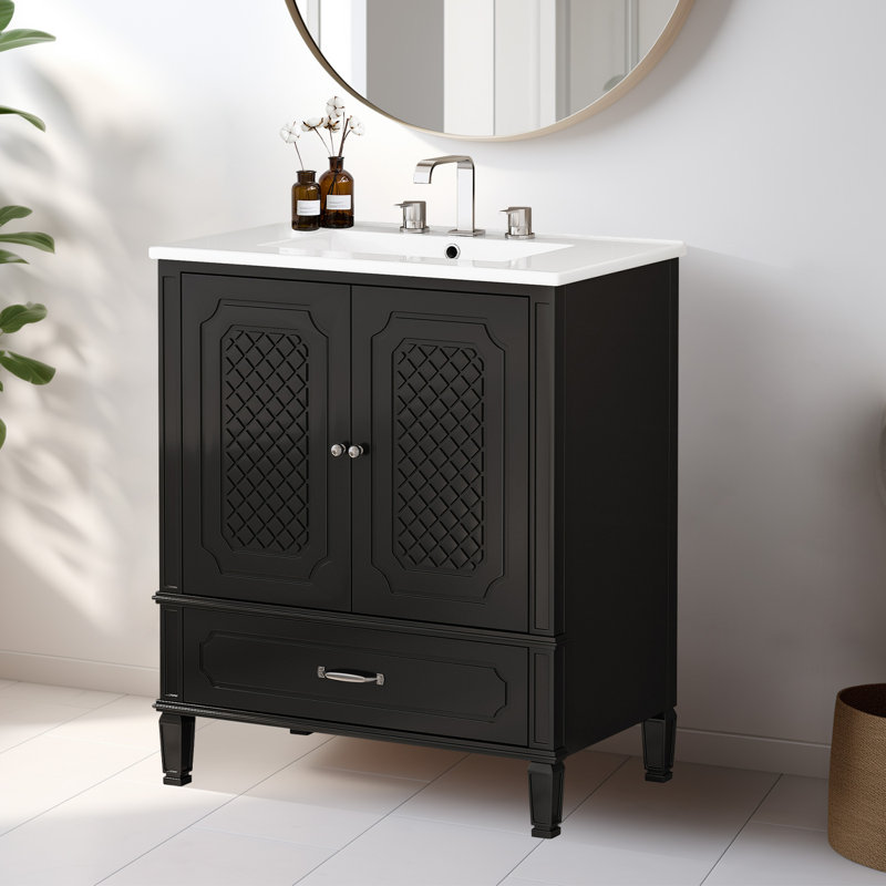 Meuble-lavabo 30 po avec lavabo en céramique, tablette de porte, Noir / argenté