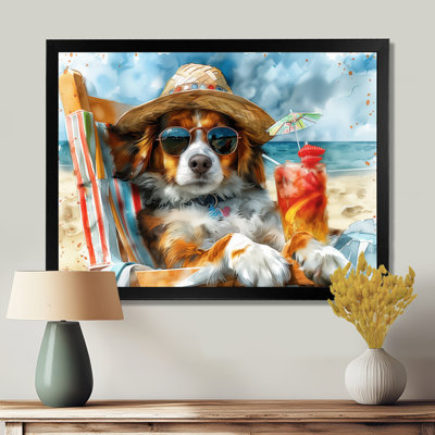 Bouvier bernois avec un cocktail sur la plage