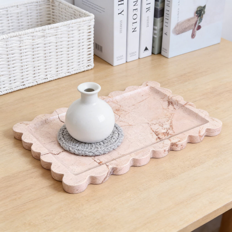 Plateau de service en marbre rose naturel naturel avec rebord festonné, plateau de luxe en pierre fabriqué à la main pour meuble-lavabo, salle de bain, cuisine et décoration intérieure