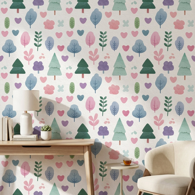 Papier peint blanc avec feuilles et arbres