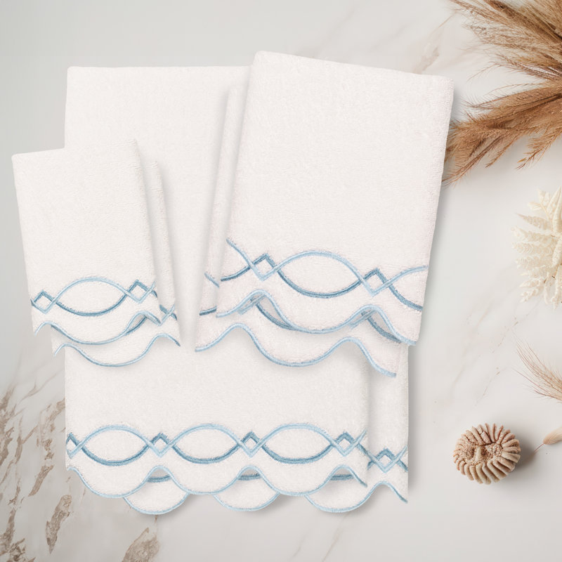  Ensemble de serviettes ornées de festons 100% coton 100% turc DIAMOND CHAIN, Ensemble 6 serviettes de bain, Blanc / Bleu