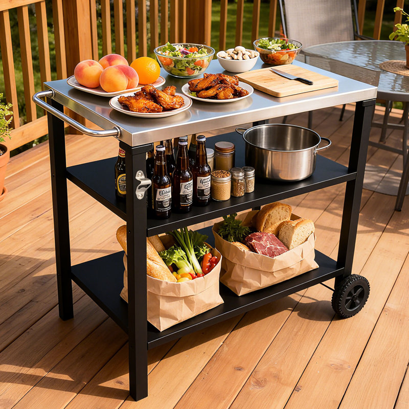 Chariot de barbecue extérieur à 3 niveaux avec plateau en acier inoxydable, table de préparation pour barbecue mobile sur roulettes, barre de service roulante pour patio et cour arrière, support de four à pizza noir, grand espace de rangement, mobile stable