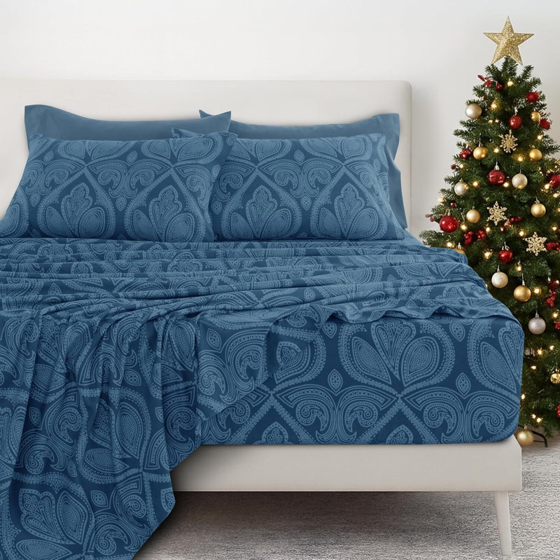 Navy Blue Paisley Queen 6-Piece Set, Made With Ultra-Soft Microfiber For Breathability And Comfort, Featuring 16-Inch Deep Pockets And Oeko-TEX Certification.
