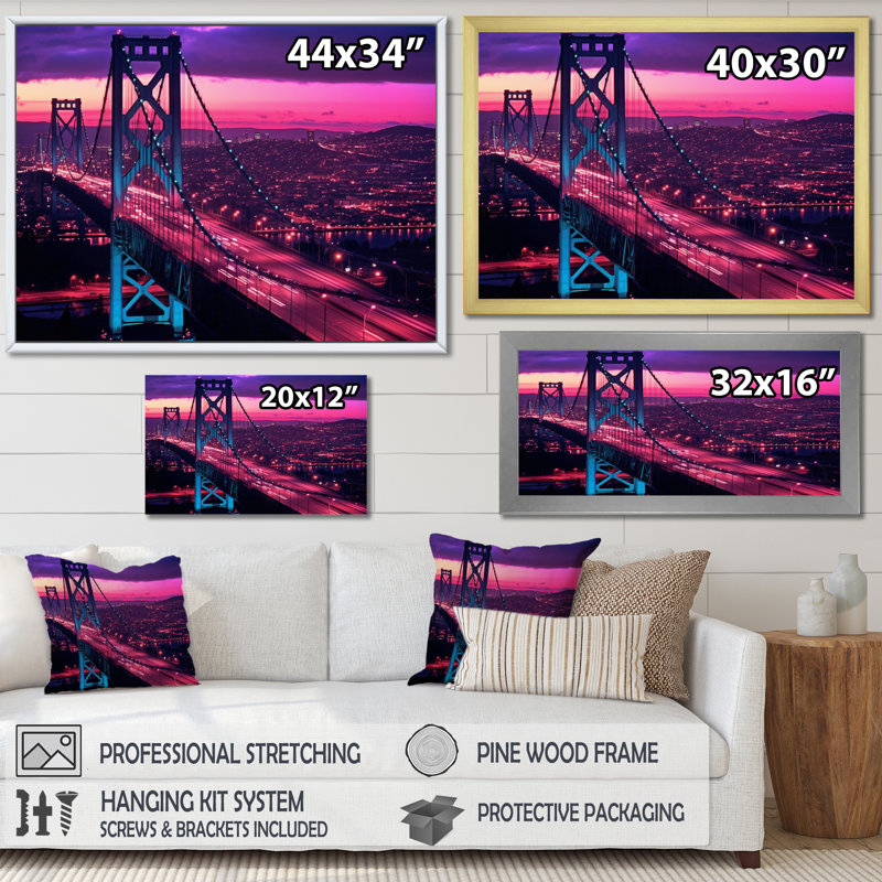 «San Francisco Skyline And Bay Bridge», reproduction d'art sur toile encadrée, Cadre doré à une seule photo